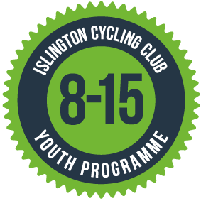 Round logo in green and grey says Islington Cycling Club Youth Programme 8-15